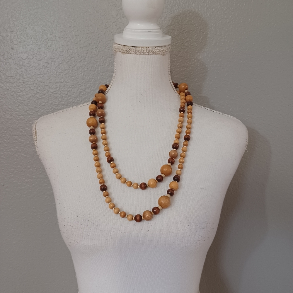 Wood Beaded Necklace Set Of 2 Brown and Cream Boho Jewelry Necklaces - Picture 3 of 9